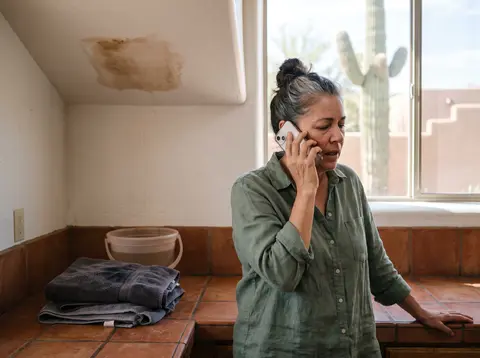 A woman on the phone in her kitchen, wet towels and a bucket on the counter under a stained ceiling, a saguaro outside the window.