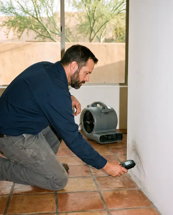 A restoration technician kneels on a terracotta tile floor and checks the bottom of a stained plaster wall with a moisture meter while a fan dries the room.