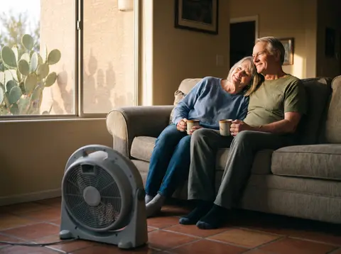 A couple sit together on their couch with coffee as a fan dries the tile floor.